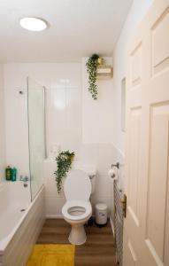 a bathroom with a toilet and a shower and a sink at The Green Lodge (Bush Hill Park) in Enfield