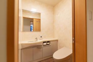 La salle de bains est pourvue de toilettes, d'un lavabo et d'un miroir. dans l'établissement Estrella Maezato - Vacation STAY 69423v, à Ōhama