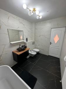 Private building - Apartment في بيستريتسا: حمام مع حوض ومرحاض ومرآة