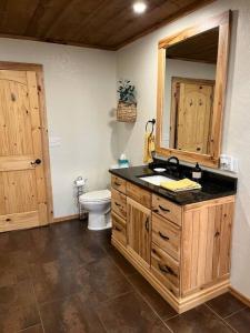 een badkamer met een wastafel en een toilet bij Private Ranch Log Cabin Lakeside Escape in Shady Cove