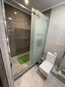 a bathroom with a shower with a toilet in it at Art Hotel Navoiy in Navoi