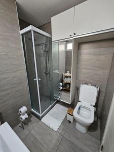 a bathroom with a shower and a toilet in it at Acogedor, inolvidable in Montevideo