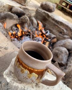 una taza de café sentada frente al fuego en Villa Julia Veneria, en Sicca Veneria