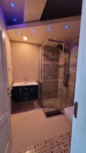 La salle de bains est pourvue d'une douche et d'un lavabo. dans l'établissement Terrace Suites Iasi, à Iaşi