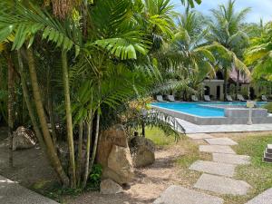 een palmboom naast een zwembad bij White Lodge in Pantai Cenang