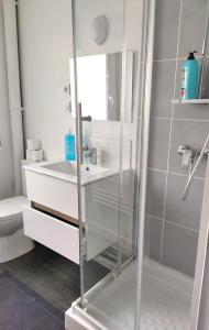 W łazience znajduje się prysznic, umywalka i toaleta. w obiekcie Grand studio hypercentre - proche plage & gare w Hawrze