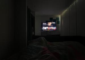1 dormitorio con TV en una habitación oscura en Les Cerisiers - Exclusive Beach Residence Flic en Flac, en Flic en Flac