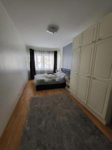 a bedroom with a bed and a large closet at Long Holiday Apartment in Kuressaare