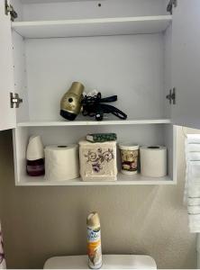 a shelf above a toilet in a bathroom at Wonderful Private Queen Bedroom in Santa Clara