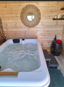 een groot bad in een kamer met een spiegel bij LAlexandrie in Régusse