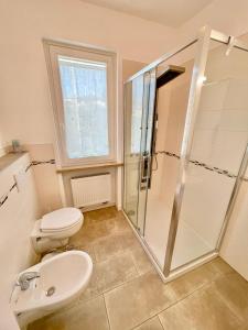 uma casa de banho com um chuveiro, um WC e um lavatório. em Margherita Apartment em Malcesine