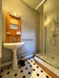 a bathroom with a sink and a shower at Auberge Le Glacier Bleu in Mont-Dauphin