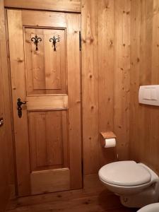 a bathroom with a toilet and a wooden wall at Pecol Cozy Apartment R&R in Cortina dʼAmpezzo