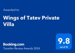 Certifikát, hodnocení, plakát nebo jiný dokument vystavený v ubytování Wings of Tatev Private Villa