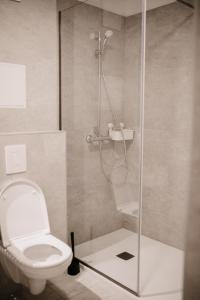 a bathroom with a toilet and a glass shower at Modern Luxury Apartment Vienna in Vienna