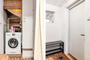 een wasruimte met een wasmachine en droger bij Seaside Bliss for Families: Home Away from Home in Stavsnäs
