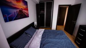 1 dormitorio con 1 cama con una foto en la pared en Coral Residence, en Mamaia