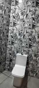 Hotel Brij Palace & Restaurant في أودايبور: مرحاض في غرفة مع جدار مغطى حرفياً