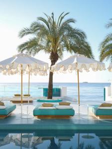 a swimming pool with umbrellas and a palm tree at Dorado Ibiza - Adults Only in Playa d'en Bossa