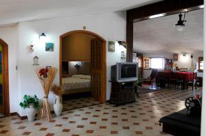 a living room with a bed and a television at Comodo e ampio appartamento fronte mare in Loc. Maladroxia C535 in Maladroscia