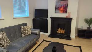 a living room with a couch and a fireplace at Alexander Apartments High Heaton in Gosforth