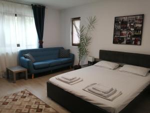 1 dormitorio con 1 cama y 1 sofá azul en Villa 38 Silviu Apartment, en Bucarest