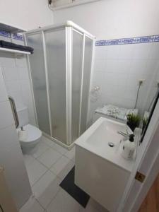 a bathroom with a shower and a sink and a toilet at Apartamento San Antón in Huesca +12 photos