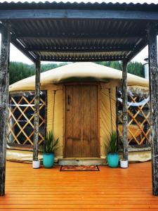 ein kleines Haus mit einer Holztür auf einer Terrasse in der Unterkunft Petal Creek Farm in Tarakohe