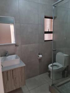 a bathroom with a toilet and a sink and a mirror at Cozy Apartment Jhb South in Johannesburg
