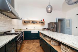 a kitchen with green cabinets and a counter top at Designed Spacious Flat with 2 Bedroms and Balcony in Prague