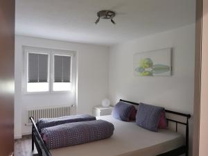 um quarto com uma cama com duas almofadas e uma janela em Tgèsa Dutg Grond em Sedrun