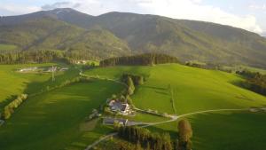 uma vista aérea de um campo verde com montanhas em Ferienwohnung am Bio-Bauernhof Brandner em Schoberegg