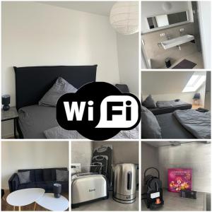 a collage of photos of a bedroom with a bed and a kitchen at Artdesign - 8 Pers - nähe Maimarkt Mannheim und Heidelberg in Hockenheim