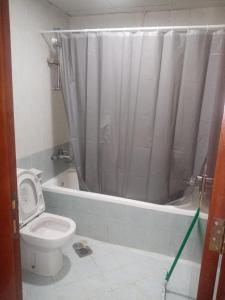 a bathroom with a toilet and a shower curtain at ORIENT TOWER STUDIO in Ajman 