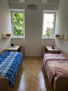 a bedroom with two beds and two windows at CafDorm in Maribor