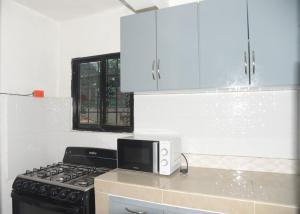 La cocina está equipada con fogones y microondas. en Apartamento Leonarda, en Naiboa
