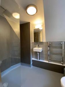 a bathroom with a sink and a mirror at Spacious Grade II Listed Flint Cottage Sleeps 2 in Norwich