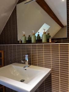 ゲルマースハイムにあるHofgut Holzmuhleのバスルーム(棚に緑の花瓶が並ぶ洗面台付)