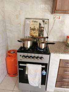 uma cozinha com duas panelas e frigideiras no fogão em Cassie Homes Eldoret em Eldoret