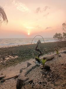 a statue of a snake on a beach at sunset at AAL Homestay in Sabang