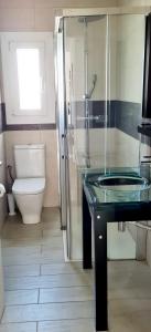 La salle de bains est pourvue d'un lavabo en verre et de toilettes. dans l'établissement CAP RAS 40 A, à Empuriabrava