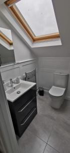 Łazienka z umywalką oraz toaleta z oknem dachowym w obiekcie Ocean Valley View Apartment w mieście Killybegs