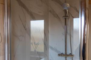 a bathroom with a shower and a mirror at Gunn House in Grangemouth