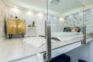 Zimmer mit einem Bett und einer Glaswand in der Unterkunft Zichy Luxury Apartment in Budapest