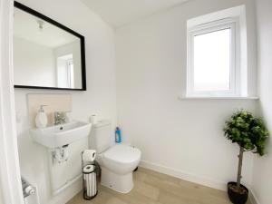 a bathroom with a toilet and a sink and a mirror at Spacious 4 Bed Peterborough House With Parking in Peterborough