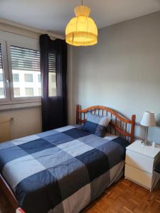 a bedroom with a blue and white bed and a lamp at Room in Shared Apartment Geneva in Geneva