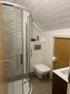 a bathroom with a toilet and a glass shower at WE-stay in Manchester