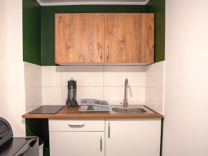een keuken met houten kasten en een wastafel bij SR24 - Stillvolles gemütliches Apartment 1 in Oer-Erkenschwick in Oer-Erkenschwick