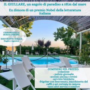 a flyer for a hotel with a pool and chairs at Il Giullare by agriturismo Borgo Castellaccia in Cesenatico