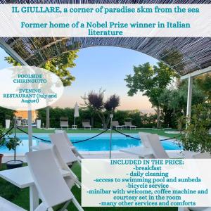 a flyer for a hotel with a pool and chairs at Il Giullare by agriturismo Borgo Castellaccia in Cesenatico